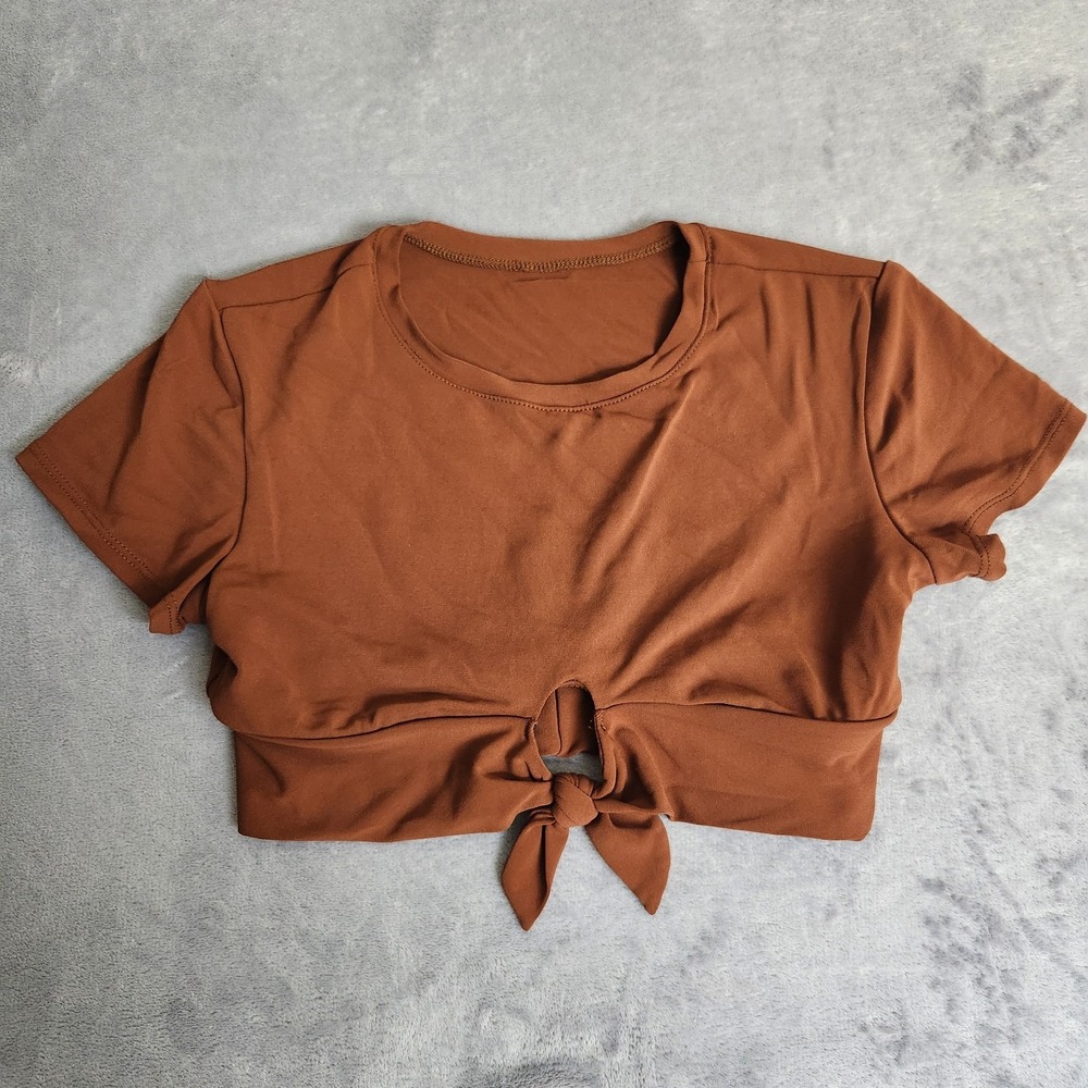 Robin Piccone Ava T-Shirt Bikini Top Rust Brown Tie Front Crop Medium Style 1917